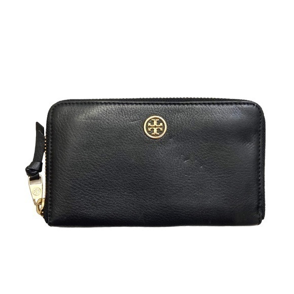 Tory Burch black leather zipper clutch wallet